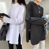 여성 루즈핏 긴팔티셔츠 무지 오버핏 절개 라운드 티셔츠