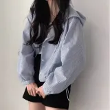 스트라이프 꾸안꾸 크롭 후드 블라우스