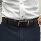 페이크 핀버클 가죽 자동 벨트 브라운