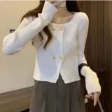 골드 골지 가디건 긴팔 라운드넥 더블버튼 니트웨어