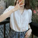 브이넥 레이스 러블리 반팔 여성 오피스 블라우스 셔츠블라우스 캐주얼블라우스