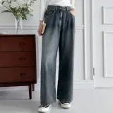 와이드 데님 팬츠 여성 밴딩 청바지 워싱 통바지 포켓 바지