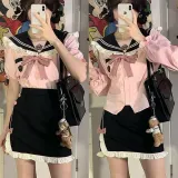 레이스카라 여자 두줄라인 일본교복 핑크 초등졸업사진컨셉 교복치마 블라우스 어린이