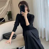 하이넥 하객룩 여성 셔링소매 롱원피스