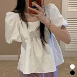 스퀘어넥 반팔 블라우스 여성용 입체 패턴 셔츠