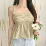뷔스티에 나시 블라우스 리본 프릴 플레어 민소매 휴가룩