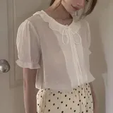 여성 프릴 블라우스 카라 리본 셔츠 여름 데일리 반팔 상의