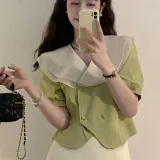 블라우스 여름 여성 빅카라 레이스 반팔 셔츠 쉬폰 블라우스
