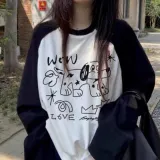 여성 긴팔 티셔츠 강아지 캐릭터 프린트 데일리룩 상의