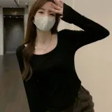 여성 긴팔 티셔츠 슬림핏 라운드넥 데일리 상의
