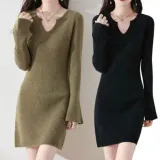 미엘리 V넥 골지 니트 원피스 미니 치마 스커트 겨울 가을 여성 하객룩