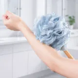 우드 손잡이 샤워볼 목욕 롱핸들 바디브러쉬 블루