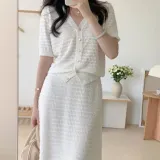 여성 여름 치마 페미닌 반팔 가디건 롱스커트 세트