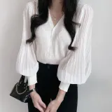 쉬폰 클래식 블라우스 기본 셔링 소매 폰니트 브이넥