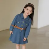 여아 아동 어린이 긴팔 중청 데님 청 셔츠 카라 원피스