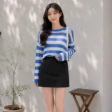 여성 여름 살안타템 단가라 시스루 긴팔 크롭 니트