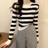 여성 단가라 니트 라운드넥 골지 긴팔 티셔츠 봄 가을 데일리룩