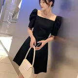 블랙 미니 원피스 퍼프 벌룬소매 파티룩 홈웨어 원피스
