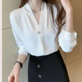 여성 블라우스 브로치 포함 화이트 셔츠 쉬폰 베이직 상의