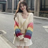 여성 레인보우 브이넥 루즈핏 가디건 캐주얼 카디건 0421