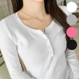 골지 헨리넥 긴팔 티셔츠 여성 스판 단추 슬림핏 상의