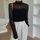 긴팔 티셔츠 반폴라 시스루 망사 간절기 이너웨어 스판 상의