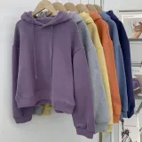 기모 긴팔 티셔츠 여자 후드티 융털 안감 세미 크롭 상의