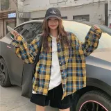 노랑 파랑 체크 오버핏 카라 셔츠