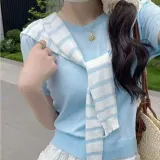 반팔 니트 티셔츠 어부바 페이크 숄 세트 페미닌룩 데일리룩