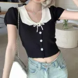 퍼프 어깨 크롭 니트티 리본 카라 크롭티 반팔