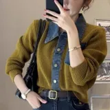 카키 니트 가디건 여성용 카라 데님 스타일 루즈핏 아우터