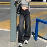 데님 팬츠 흑청 와이드 하이웨스트 여성 롱 청바지