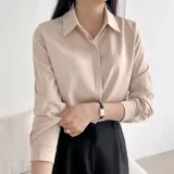 여성 새틴 블라우스 긴팔 셔츠 베이직 무지 상의