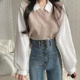 긴팔 니트 레이어드 카라 티셔츠 페이크 조끼 탑