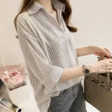스트라이프 셔츠 카라넥 블라우스 화이트 여성 오피스룩 긴팔 상의