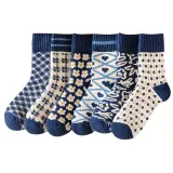 준캡 여자 성인 플라워블루체크 두꺼운 도톰한 중목양말