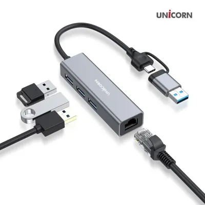유니콘 A+C타입 유선랜카드 100Mbps 3포트USB멀티허브 알루미늄 CLAN-200HC