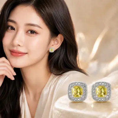 옐로우 스퀘어 큐빅 포인트 실버 귀걸이 은귀걸이