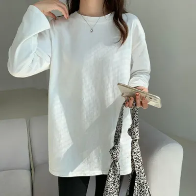 루즈핏 긴팔 라우드넥 롱티셔츠 트림 티셔츠 라운드넥무지옆트임티 무지옆트임긴팔티