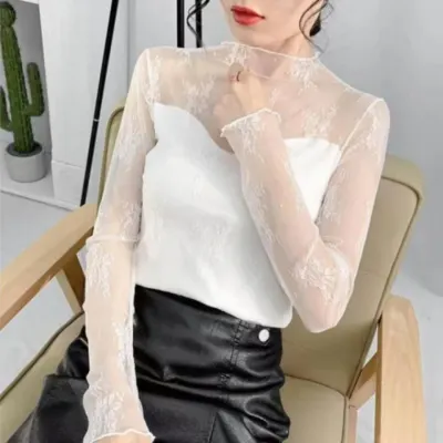 티셔츠 망사 레이어드 그물티 반목 물결 목폴라 이너 레이어드 여자 이너티