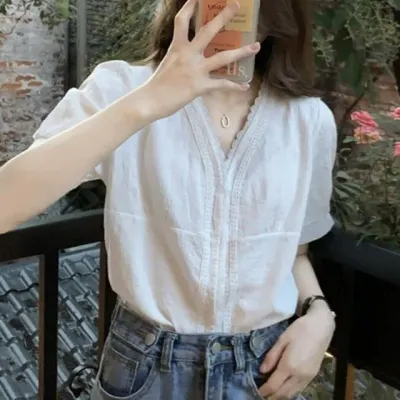 브이넥 레이스 러블리 반팔 여성 오피스 블라우스 셔츠블라우스 캐주얼블라우스