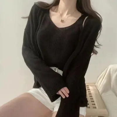 브이넥 가디건 나시 세트 간절기 데일리 홈웨어 구성