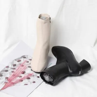 여성 앵클 스판 스웨이드 통굽 삭스 가죽 미들힐 스퀘어 6cm