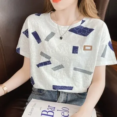 꽃무늬 사각 패턴 여름 라운드넥 U넥 무늬 반팔 티셔츠 여성티셔츠 여성반팔