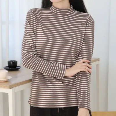 여성 반폴라 티셔츠 3종 무지 심플 / 스트라이프 / 플라워 가을 겨울 긴팔 반목티
