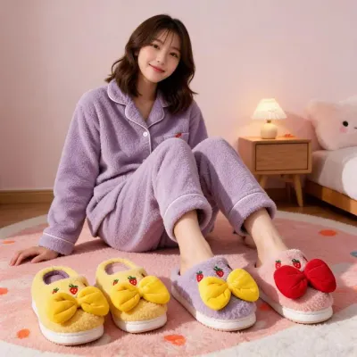털슬리퍼 겨울 실내화 딸기리본 뽀글 거실화 방한용품 사무실 학생 학교 집안