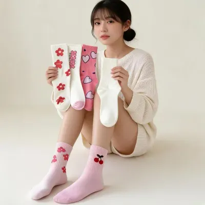 골지 중목 양말 직장인 등교 데일리 잡화 운동 실내외 없이 신는 핑크