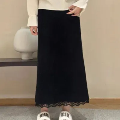 롱스커트 하트 패턴 허리 밴딩 치마 레이스 데일리룩