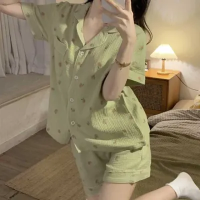 여성 체리 반팔 잠옷 세트 카라 파자마 홈웨어 반바지 투피스 여름 수면잠옷 상하의세트
