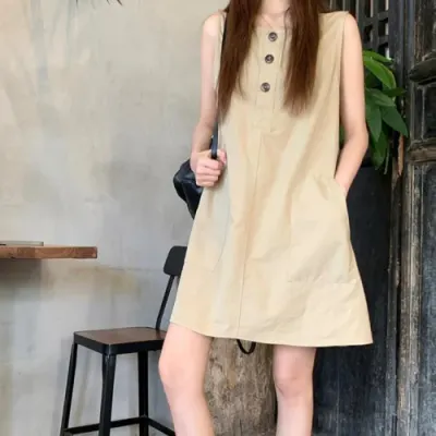 포켓 버튼 미니 앤 롱 원피스 치마 여름 민소매 여성 여름
